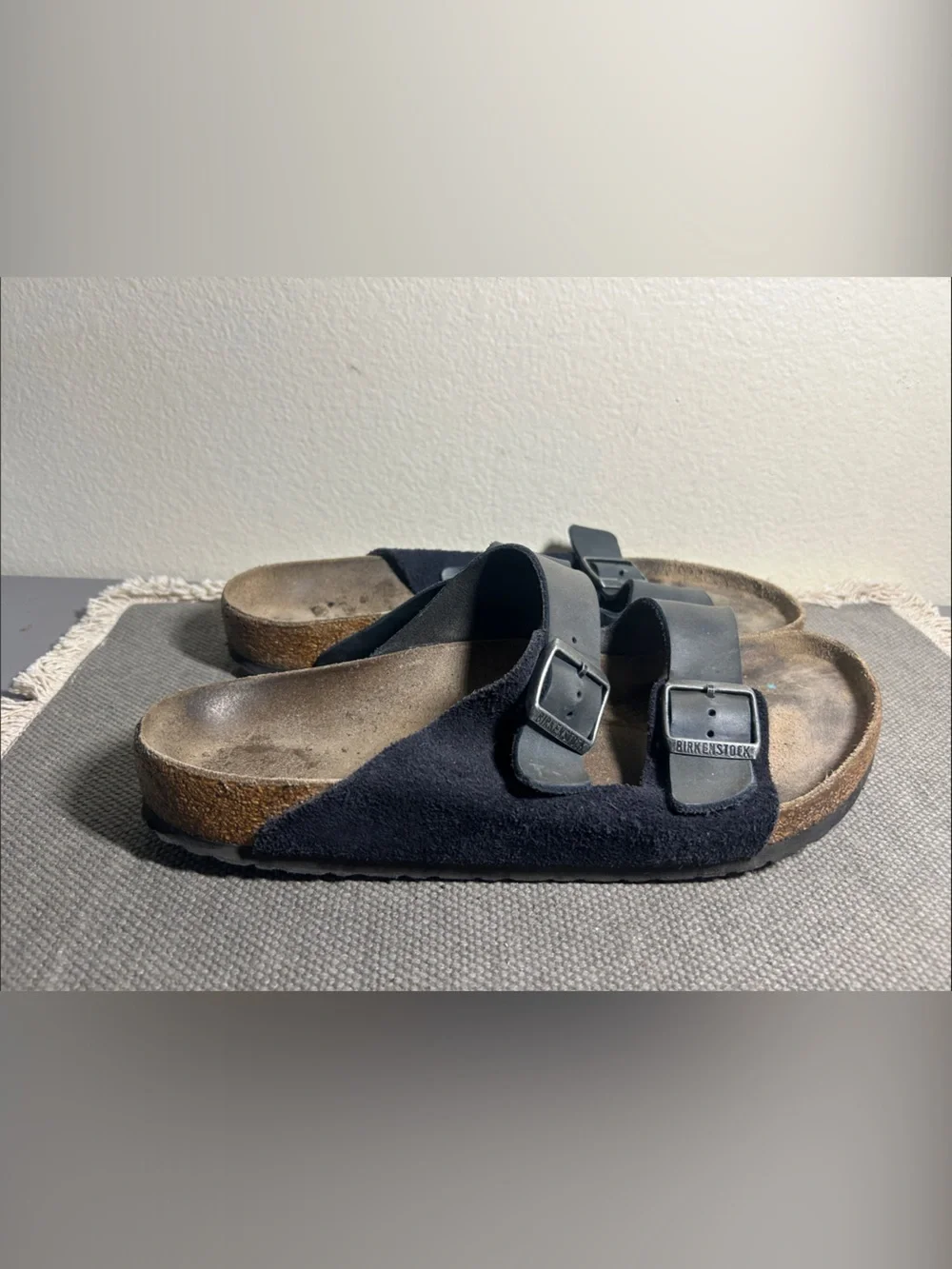Birkenstock Arizona Two-Strap Black Suede and Leather Sandals